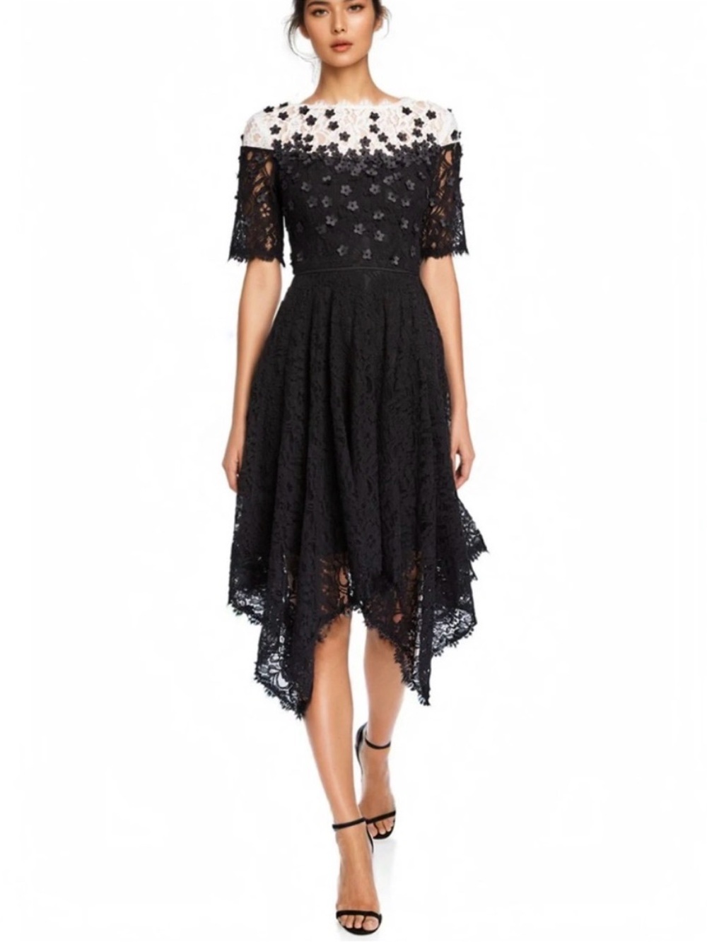New SHANI floral appliqué lace A-line dress black white flowers size 10 NWT